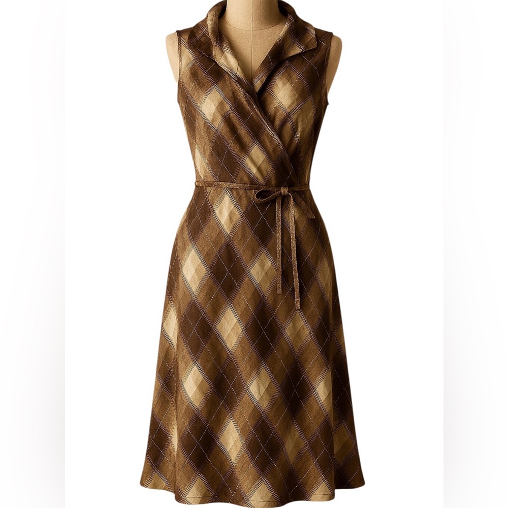 Brown and Tan Checkered Midi Dress